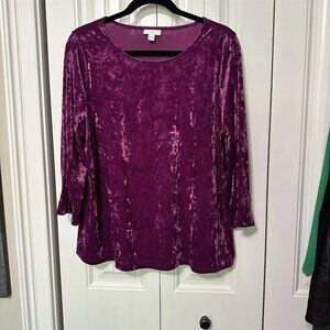 J Jill Women Velvet Top Large 3/4 Sleeve Soft Blouse Purple Crushed Velour Shirt